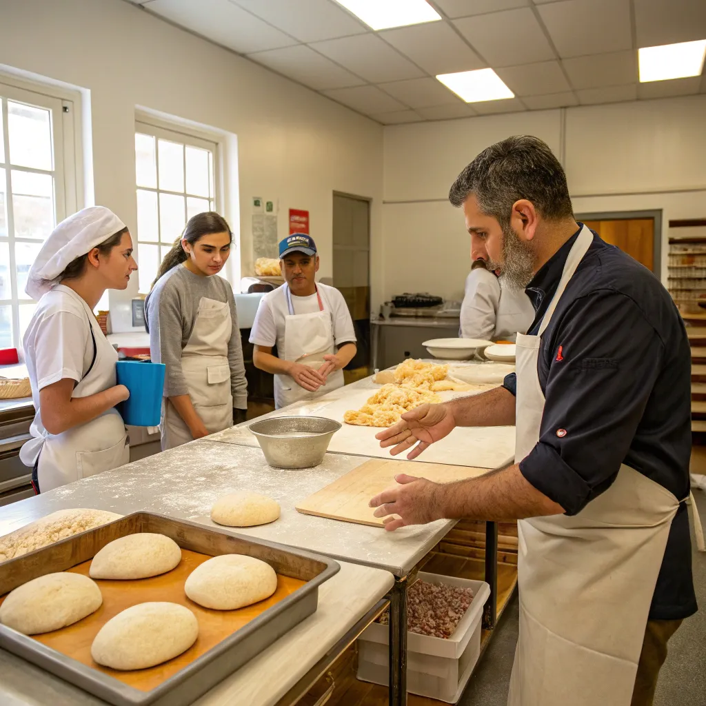 Instructor demonstrating bread baking technique in a classroom
