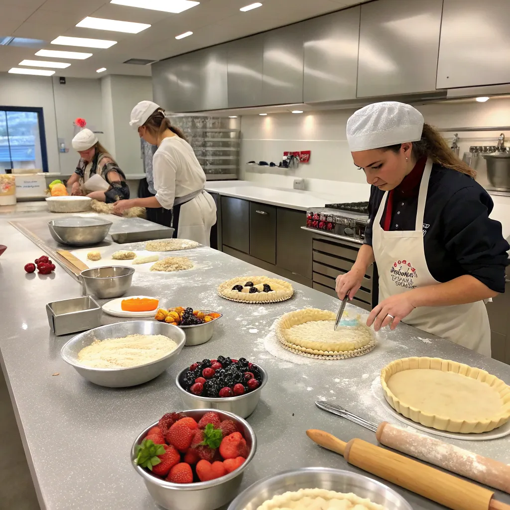 Professional pie baking class setup